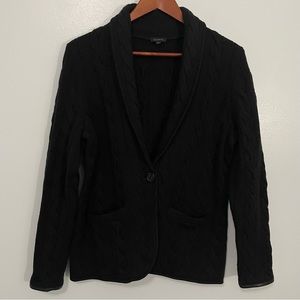 Talbots Black Wool Blend Cable Knit Faux Leather Trim Sweater Blazer Size M